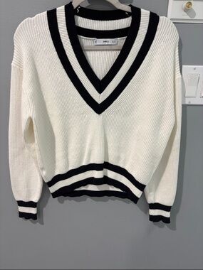 Mango Cream V‑Neck Sweater with Black Stripe Trim